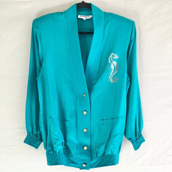 Vintage 80s Sail Away Royal Cruise Line Silk Blazer Turquoise Nautical Size S - Picture 8 of 11